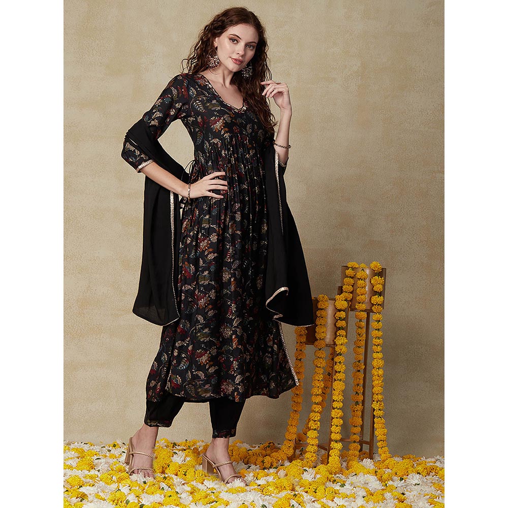 FASHOR Printed Kurta with Pant & Dupatta - Black (Set of 3)