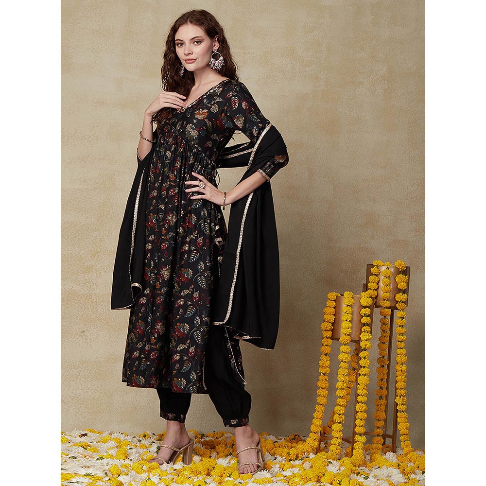 FASHOR Printed Kurta with Pant & Dupatta - Black (Set of 3)