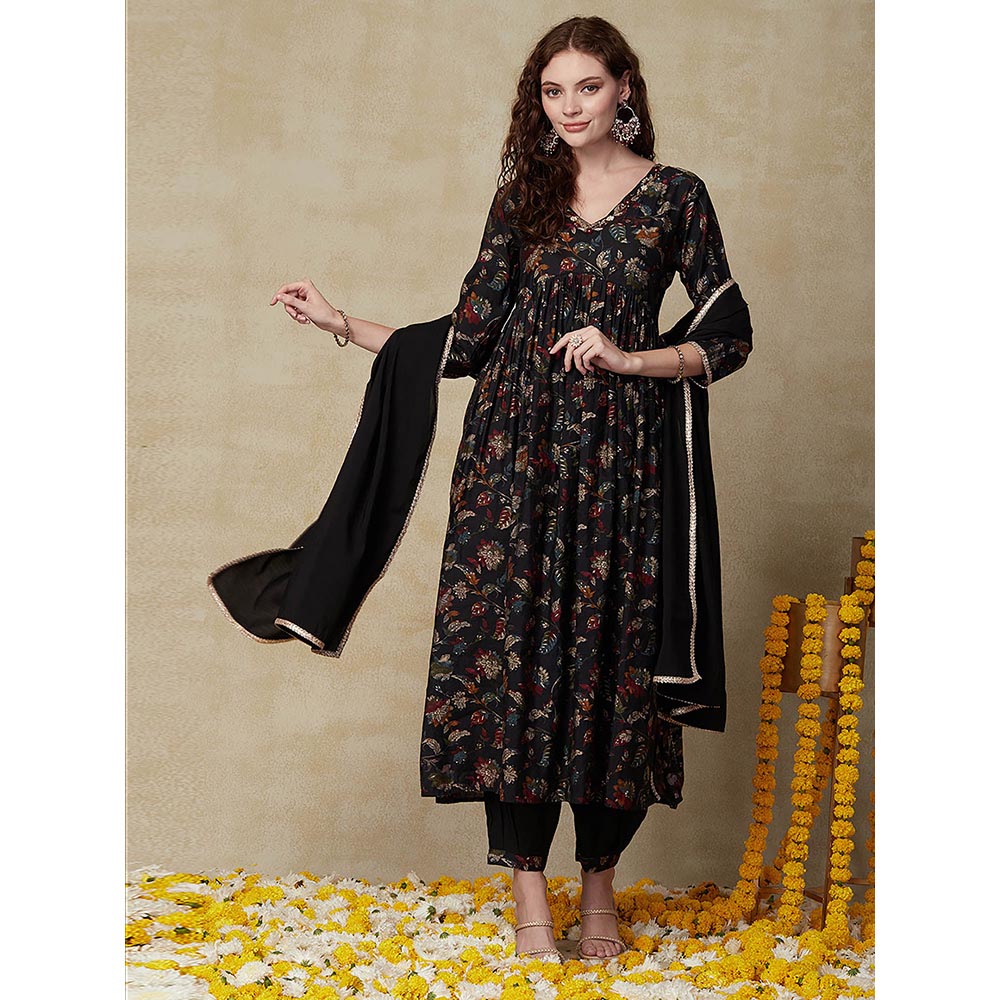 FASHOR Printed Kurta with Pant & Dupatta - Black (Set of 3)