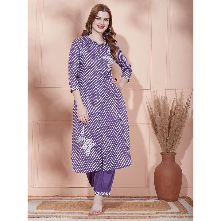 FASHOR Leheriya Printed Kurta with Pant - Purple (Set of 2)