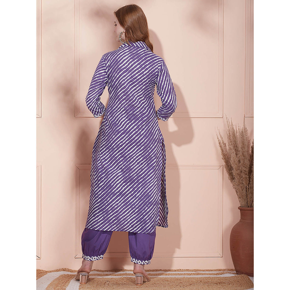 FASHOR Leheriya Printed Kurta with Pant - Purple (Set of 2)