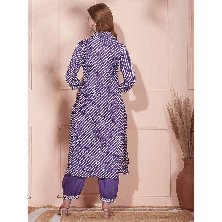 FASHOR Leheriya Printed Kurta with Pant - Purple (Set of 2)