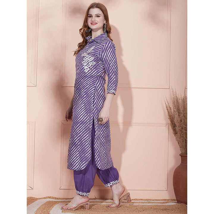 FASHOR Leheriya Printed Kurta with Pant - Purple (Set of 2)