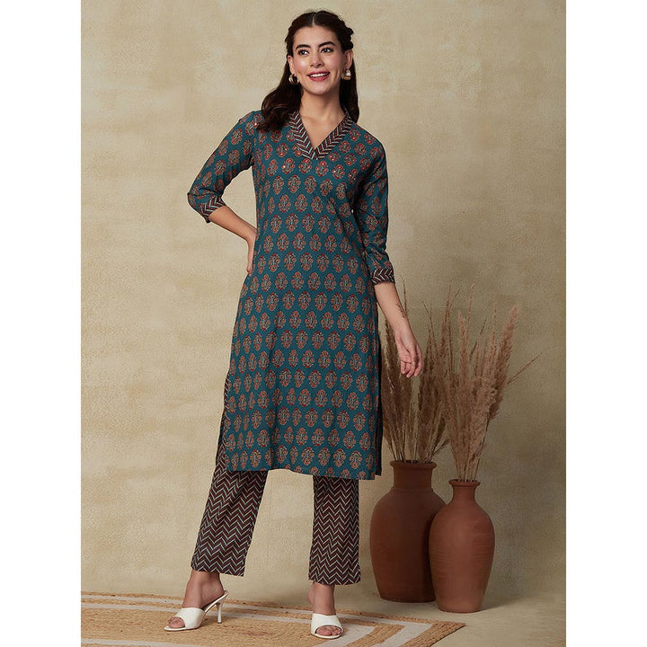 FASHOR Floral & Chevron Printed Kurta with Pant - Teal Blue (Set of 2)