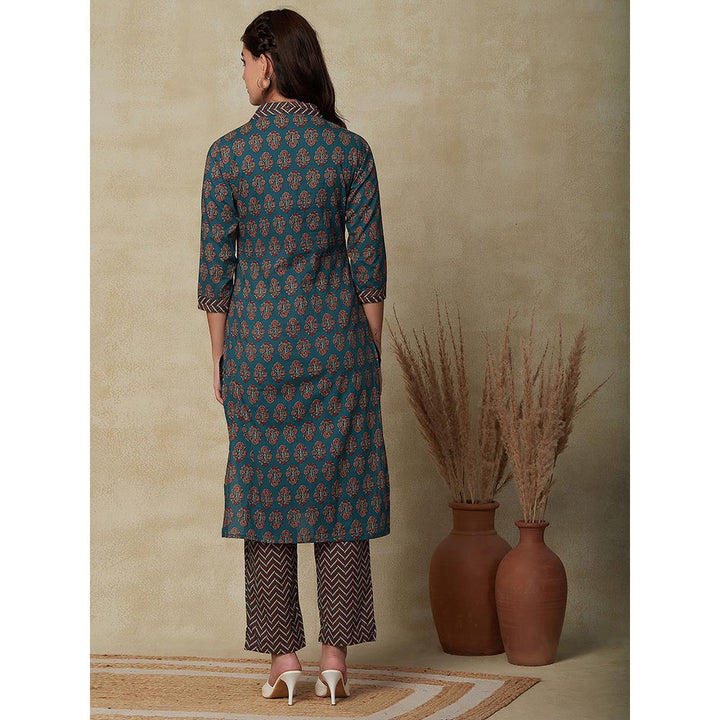 FASHOR Floral & Chevron Printed Kurta with Pant - Teal Blue (Set of 2)