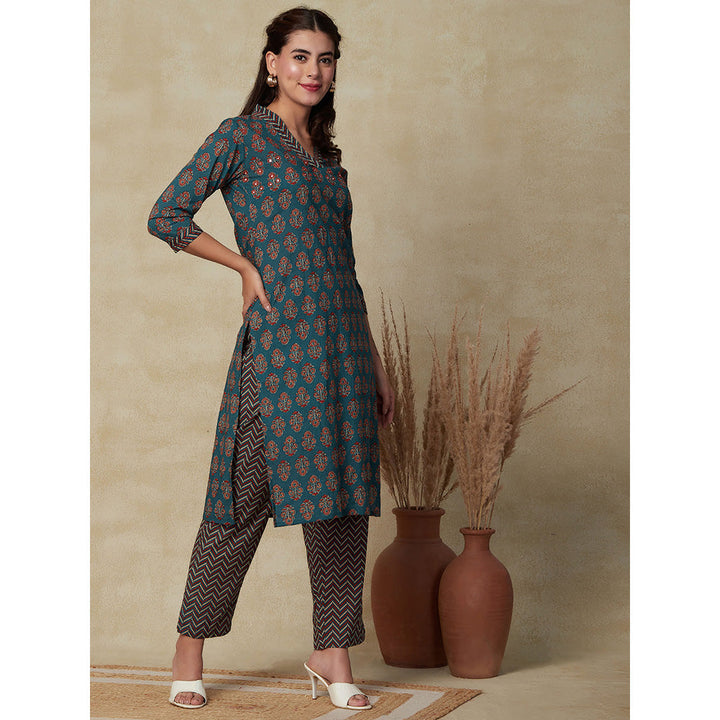 FASHOR Floral & Chevron Printed Kurta with Pant - Teal Blue (Set of 2)