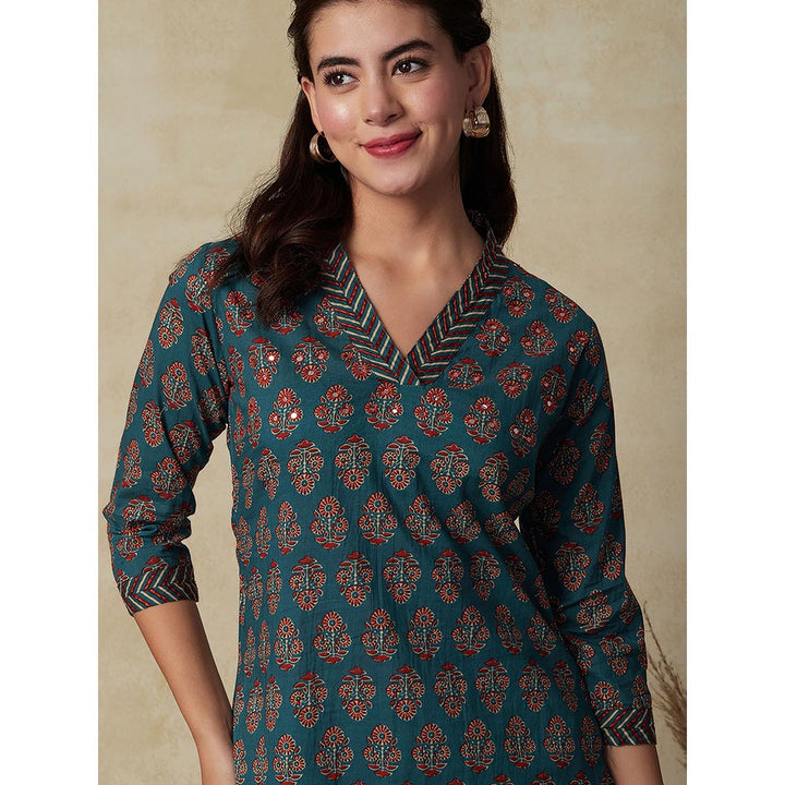 FASHOR Floral & Chevron Printed Kurta with Pant - Teal Blue (Set of 2)