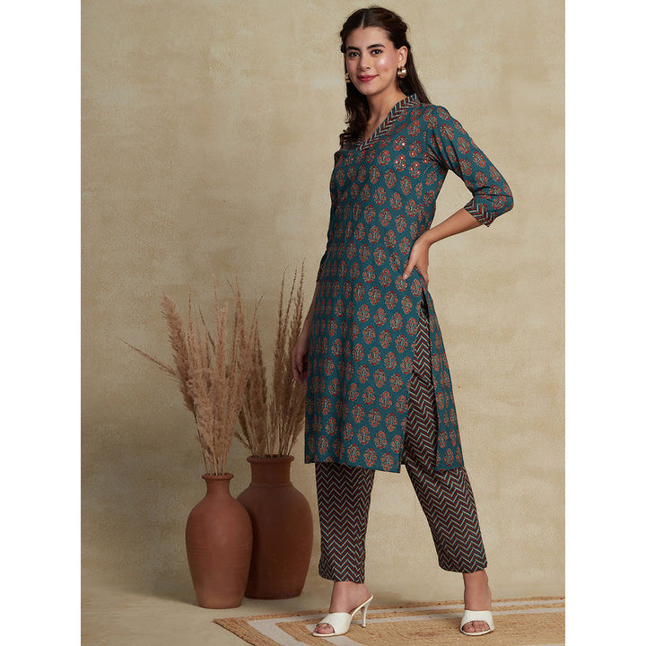 FASHOR Floral & Chevron Printed Kurta with Pant - Teal Blue (Set of 2)