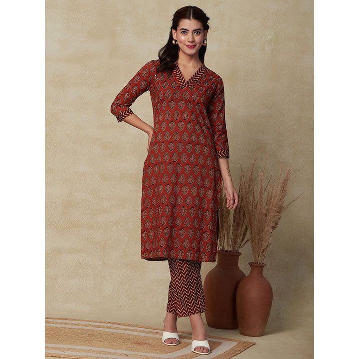 FASHOR Floral & Chevron Printed Kurta with Pant - Rust (Set of 2)