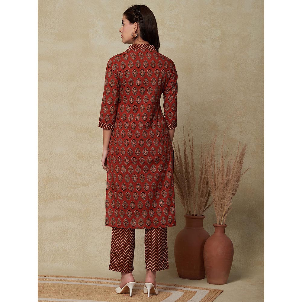 FASHOR Floral & Chevron Printed Kurta with Pant - Rust (Set of 2)