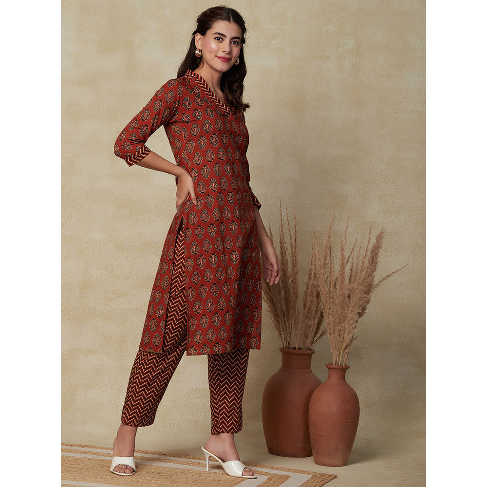 FASHOR Floral & Chevron Printed Kurta with Pant - Rust (Set of 2)