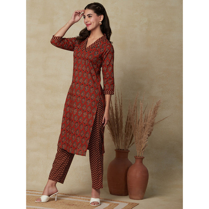 FASHOR Floral & Chevron Printed Kurta with Pant - Rust (Set of 2)