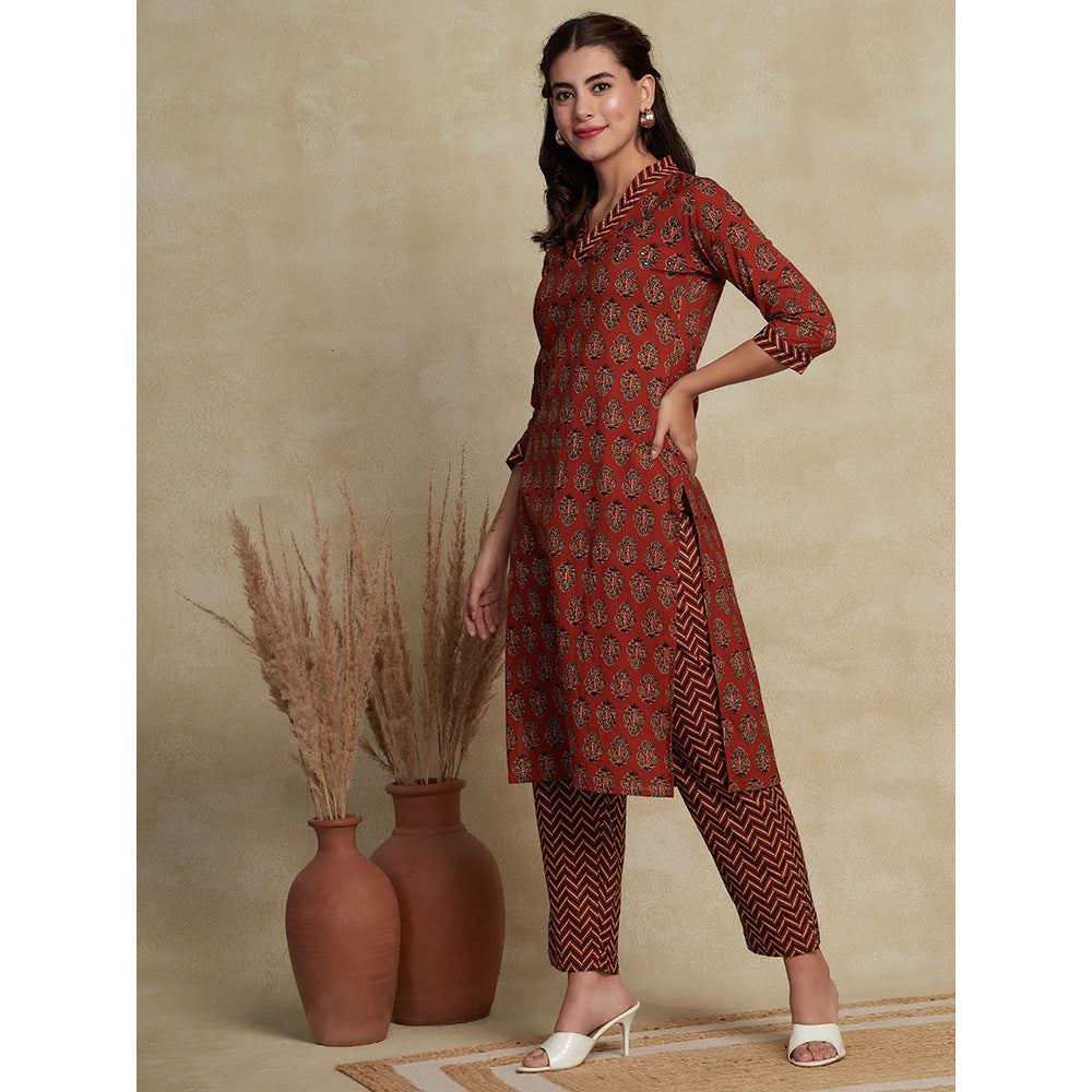 FASHOR Floral & Chevron Printed Kurta with Pant - Rust (Set of 2)