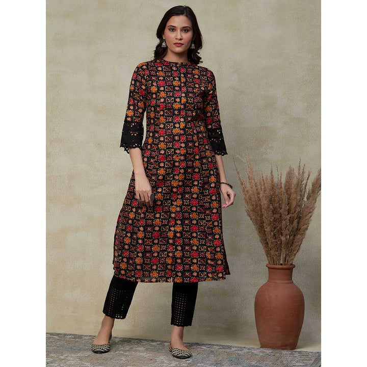 FASHOR Ethnic Printed Schiffli A Line Panelled Kurta - Black