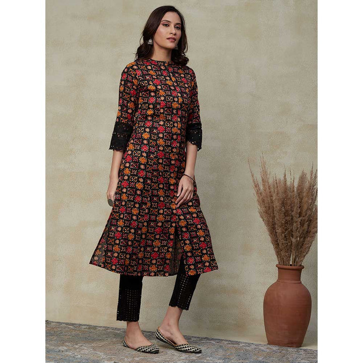 FASHOR Ethnic Printed Schiffli A Line Panelled Kurta - Black