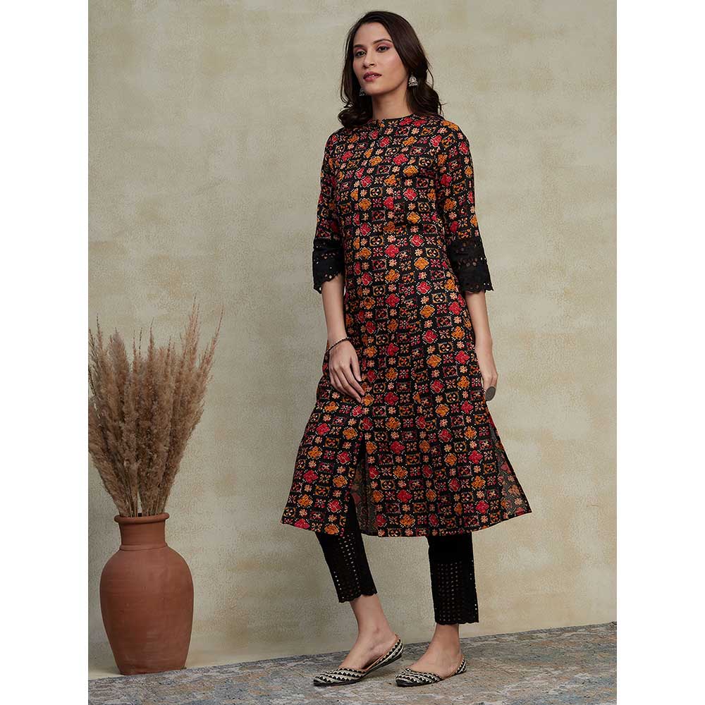 FASHOR Ethnic Printed Schiffli A Line Panelled Kurta - Black