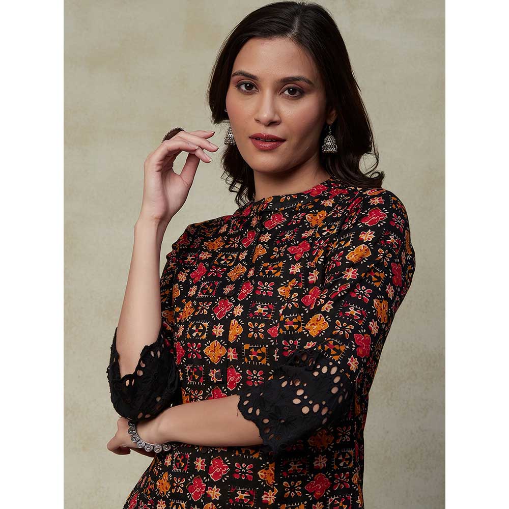 FASHOR Ethnic Printed Schiffli A Line Panelled Kurta - Black