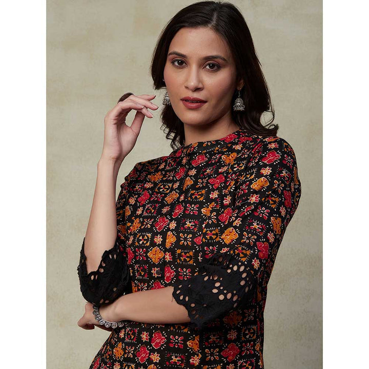 FASHOR Ethnic Printed Schiffli A Line Panelled Kurta - Black