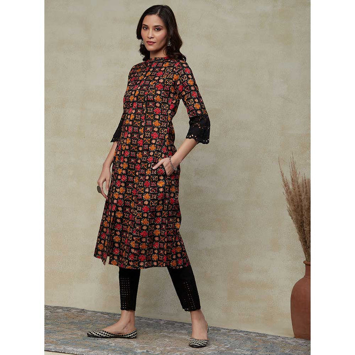 FASHOR Ethnic Printed Schiffli A Line Panelled Kurta - Black