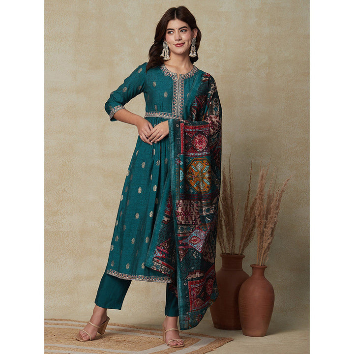 FASHOR Foil Printed Kurta with Pants & Dupatta - Teal (Set of 4)