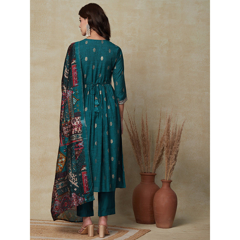 FASHOR Foil Printed Kurta with Pants & Dupatta - Teal (Set of 4)