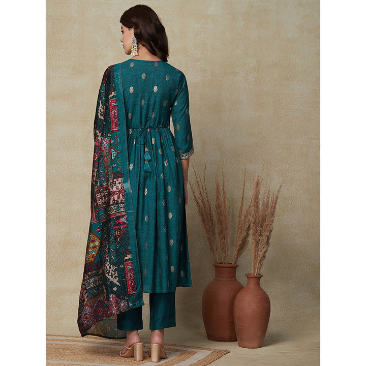 FASHOR Foil Printed Kurta with Pants & Dupatta - Teal (Set of 4)