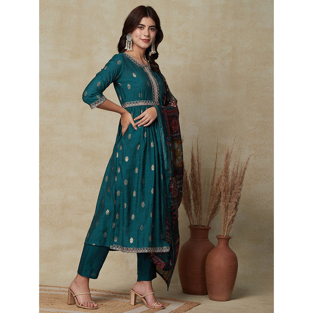 FASHOR Foil Printed Kurta with Pants & Dupatta - Teal (Set of 4)