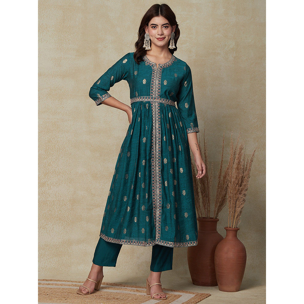 FASHOR Foil Printed Kurta with Pants & Dupatta - Teal (Set of 4)