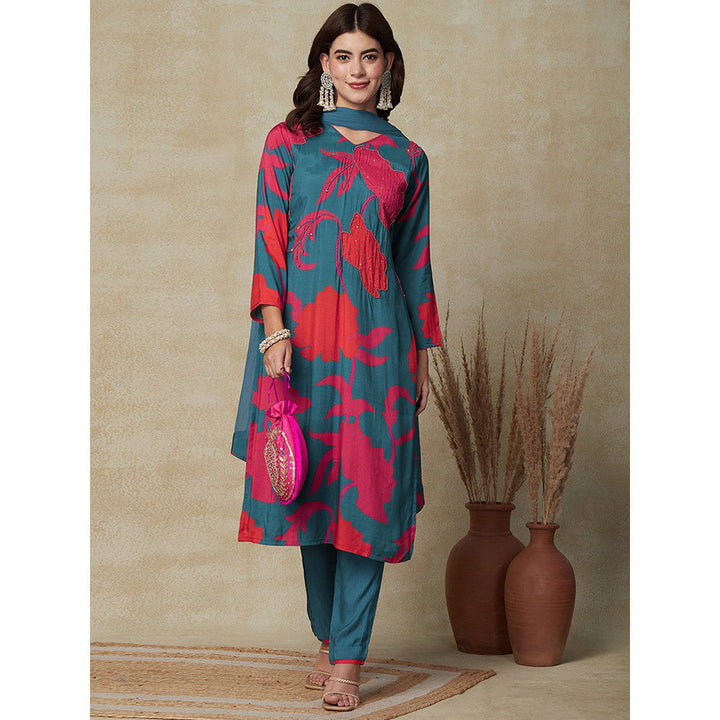 FASHOR Abstract Printed Kurta with Pant & Dupatta - Teal (Set of 3)