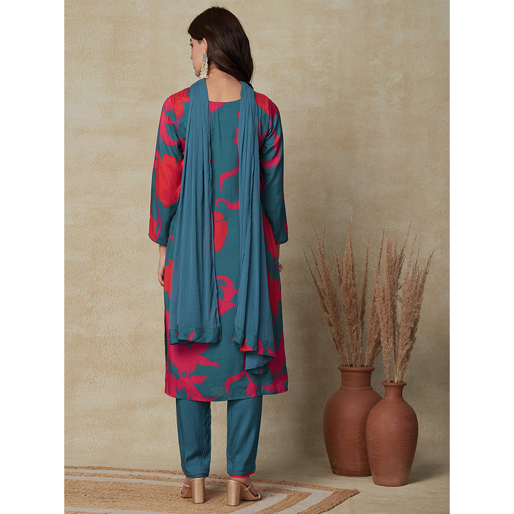 FASHOR Abstract Printed Kurta with Pant & Dupatta - Teal (Set of 3)