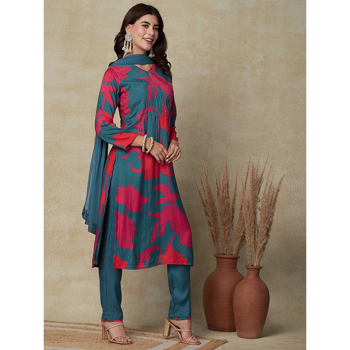 FASHOR Abstract Printed Kurta with Pant & Dupatta - Teal (Set of 3)