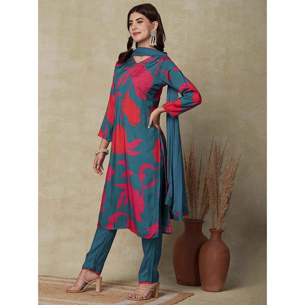 FASHOR Abstract Printed Kurta with Pant & Dupatta - Teal (Set of 3)