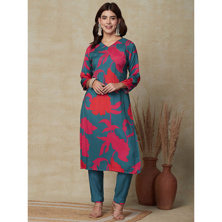 FASHOR Abstract Printed Kurta with Pant & Dupatta - Teal (Set of 3)