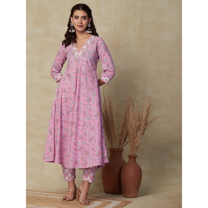 FASHOR Ethnic Floral Printed Kurta with Pant - Pink (Set of 2)