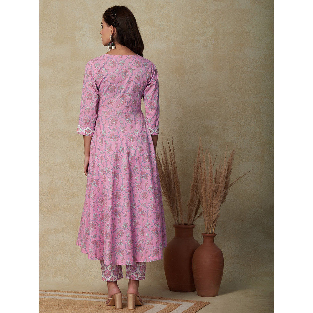 FASHOR Ethnic Floral Printed Kurta with Pant - Pink (Set of 2)