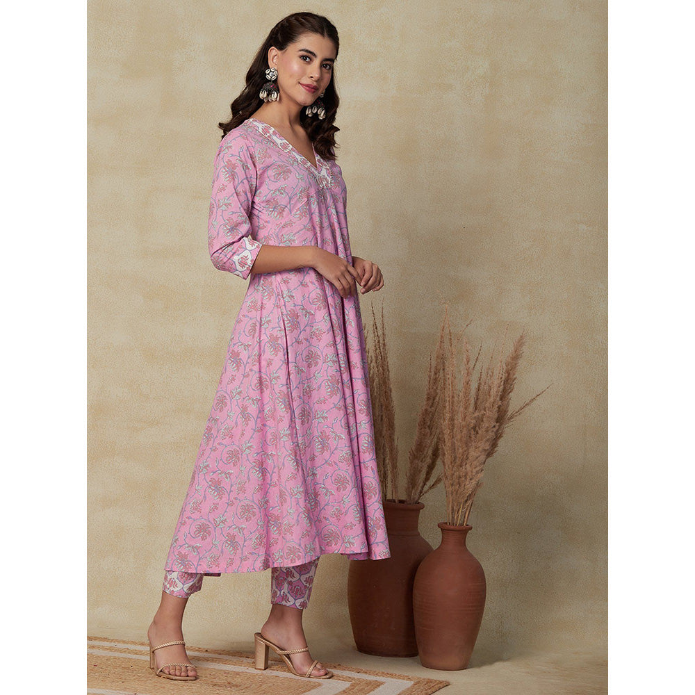 FASHOR Ethnic Floral Printed Kurta with Pant - Pink (Set of 2)