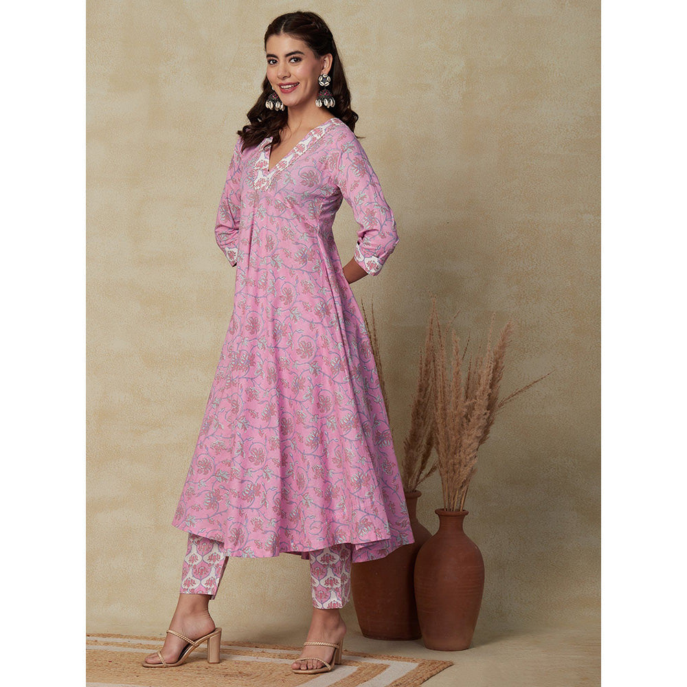 FASHOR Ethnic Floral Printed Kurta with Pant - Pink (Set of 2)