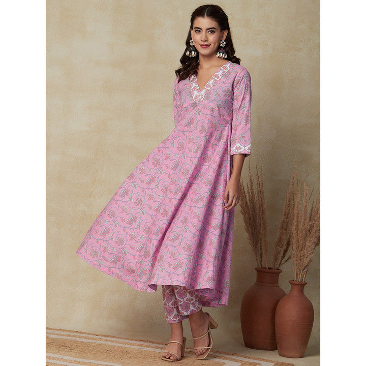 FASHOR Ethnic Floral Printed Kurta with Pant - Pink (Set of 2)