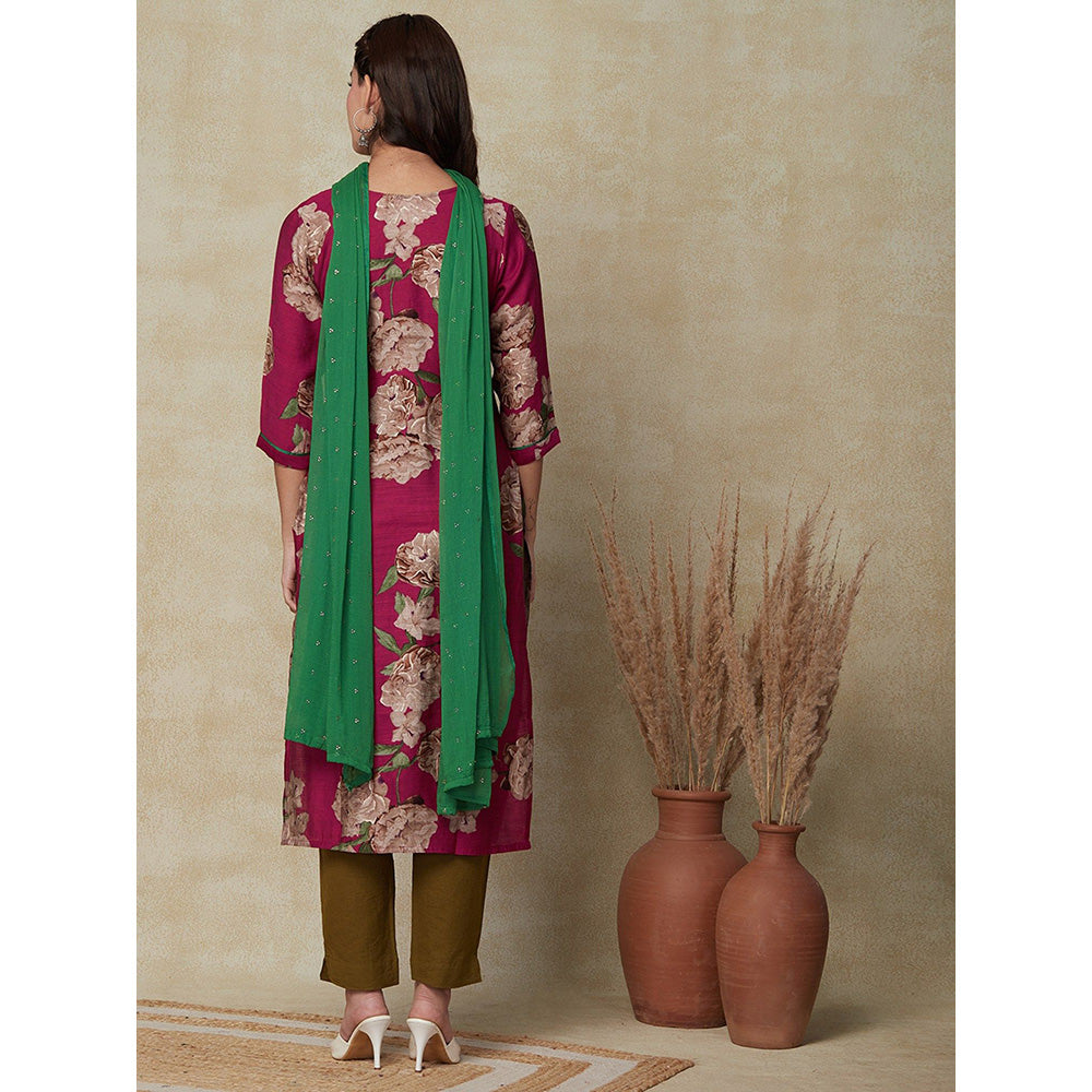 FASHOR Printed Embroidered Kurta with Dupatta - Magenta (Set of 2)