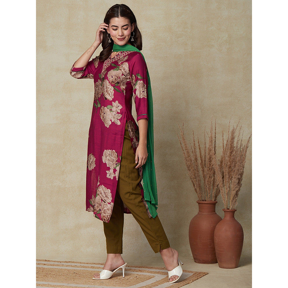 FASHOR Printed Embroidered Kurta with Dupatta - Magenta (Set of 2)