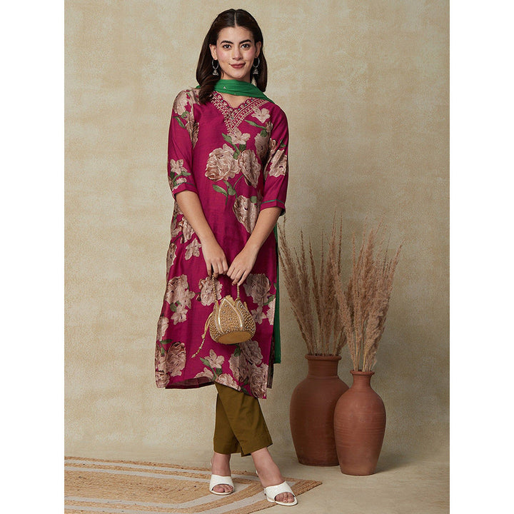 FASHOR Printed Embroidered Kurta with Dupatta - Magenta (Set of 2)