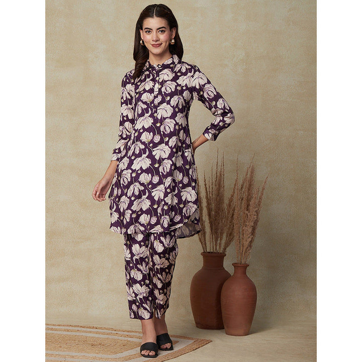 FASHOR Printed Kurta with Pants - Purple (Set of 2)