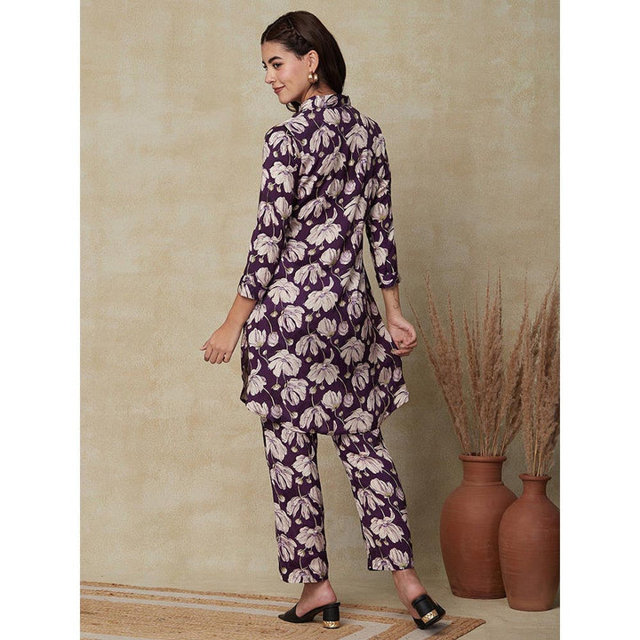 FASHOR Printed Kurta with Pants - Purple (Set of 2)