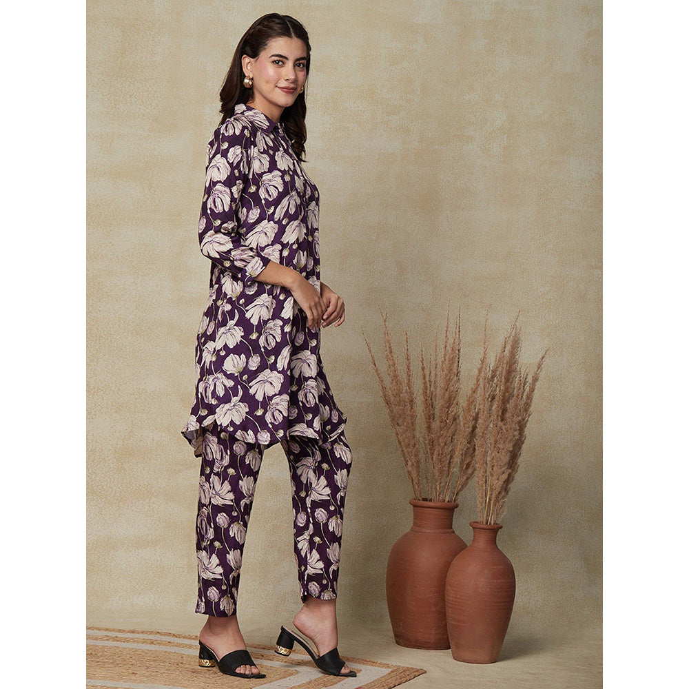 FASHOR Printed Kurta with Pants - Purple (Set of 2)