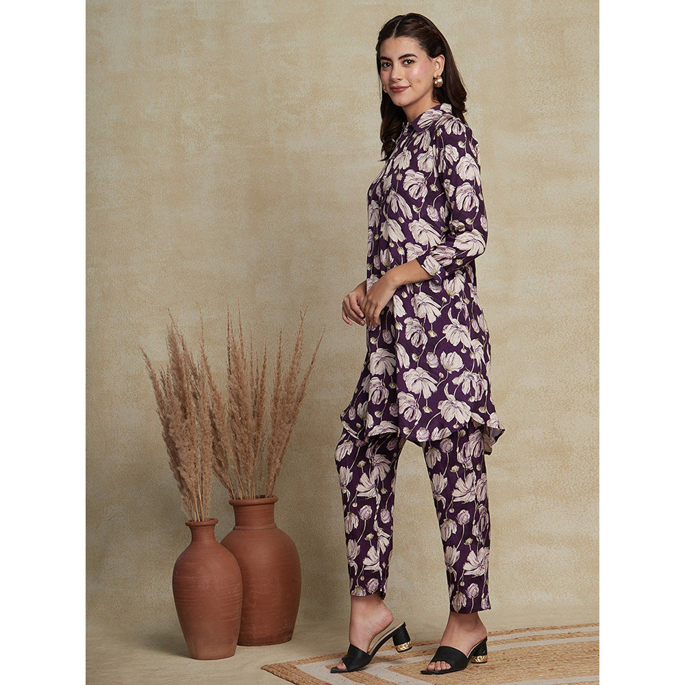 FASHOR Printed Kurta with Pants - Purple (Set of 2)