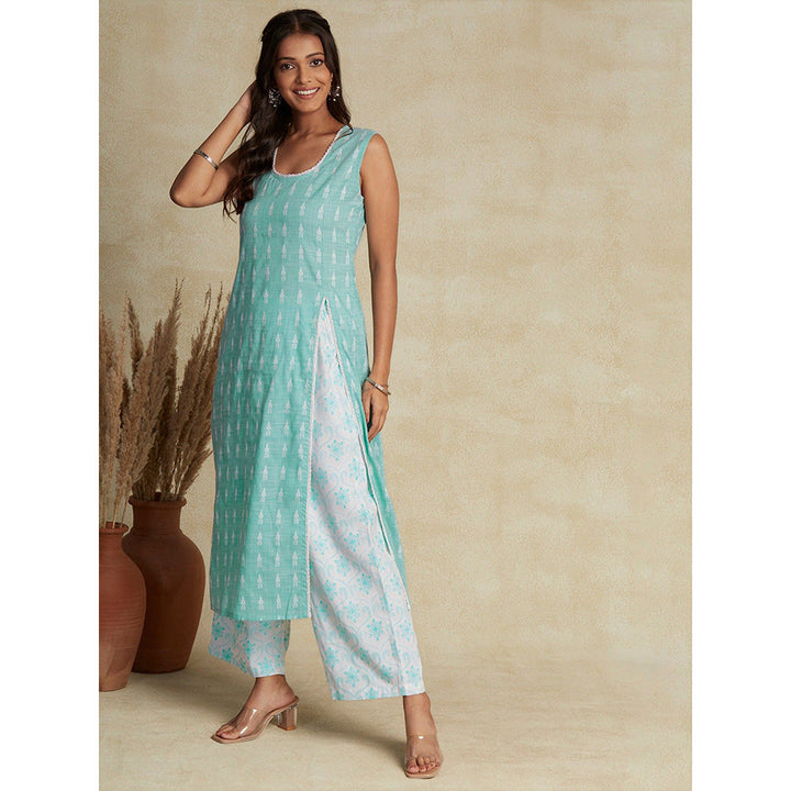 FASHOR Ethnic Woven Kurta with Palazzo - Mint Green (Set of 2)