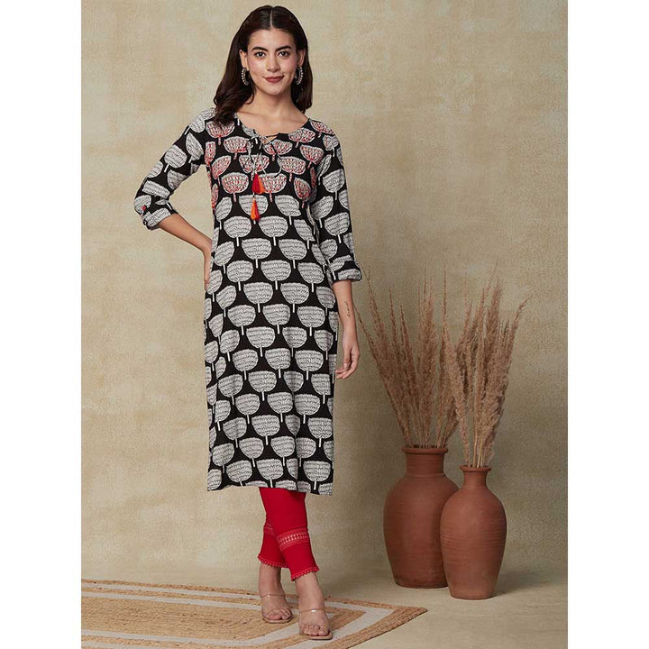 FASHOR Printed Resham Embroidered Kurta- Black