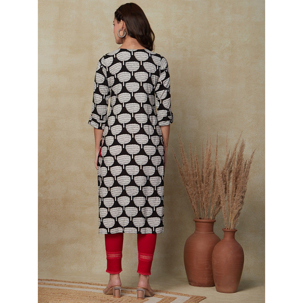 FASHOR Printed Resham Embroidered Kurta- Black