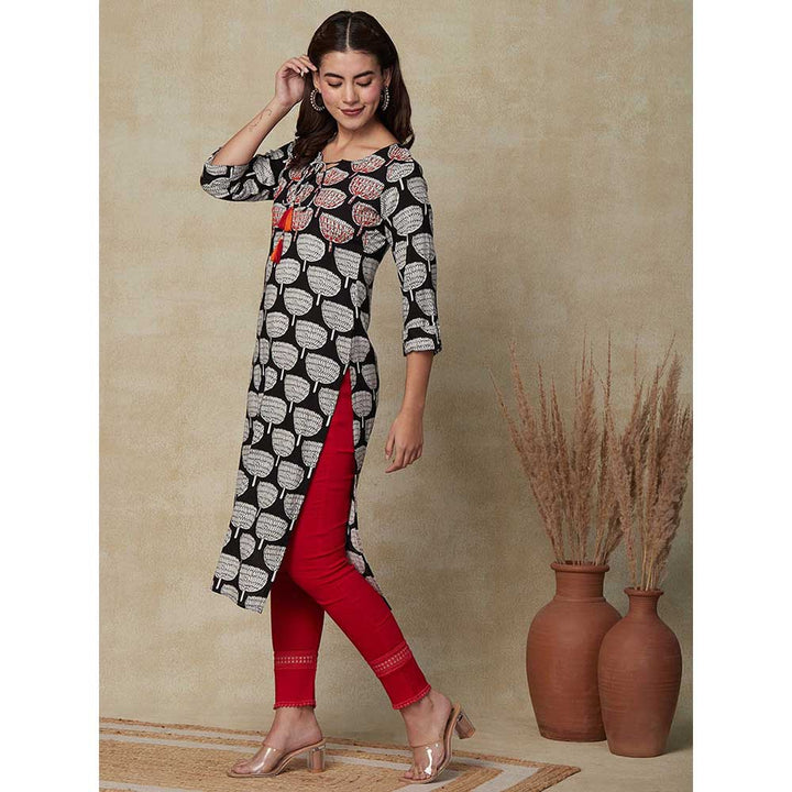 FASHOR Printed Resham Embroidered Kurta- Black