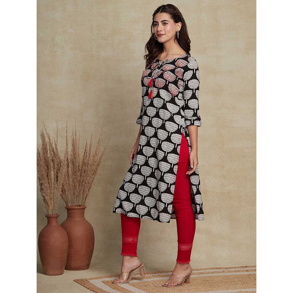 FASHOR Printed Resham Embroidered Kurta- Black